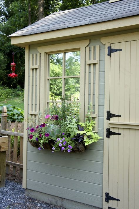 Garden Shed Window Ideas, Garden Shed Interiors, Shed Windows, Shed Landscaping, Shed Decor, Shed Ideas, Backyard Sheds, Box Display, Garden Tool Set