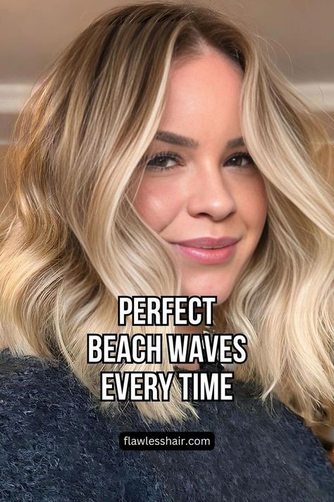 Beach Waves Using Heat Styling Tools Lob With Beach Waves, Simple Waves Hairstyle, How To Get Waves In Medium Length Hair, Hair Waves Style, How To Create Beach Waves With Flat Iron, Fine Hair Beach Waves, Beach Wave Blonde Hair, Beach Waves Using Flat Iron, Perfect Waves Hair