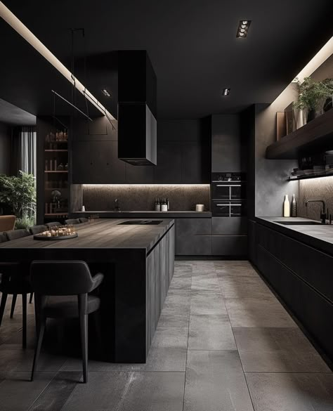 Dark Modern Kitchen, Dark Modern House, Interior Design Secrets, Dark Interior Design, Modern Black Kitchen, Matte Black Kitchen, Modern House Interior, Barn Interior, Black Interior Design