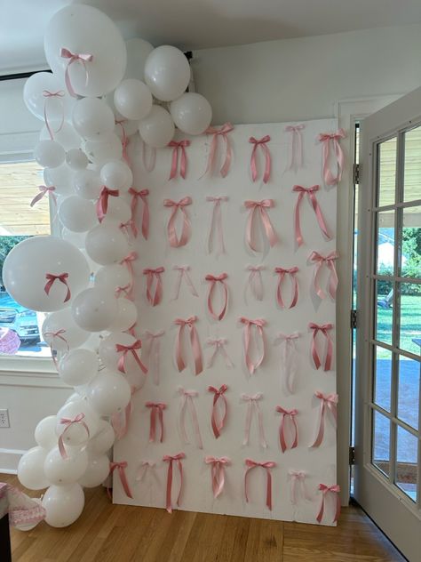 Bow wall, tea party, baby shower Bow Baby Shower Backdrop, Ribbons And Bows Baby Shower Theme, Bow Graduation Party, Pink Bow Baby Shower Theme Decor, Bow Themed Bridal Shower Ideas, Bow Theme Bridal Shower Ideas, Bow Party Decorations, Bridal Shower Bow Theme, Bows And Pearls Baby Shower Theme