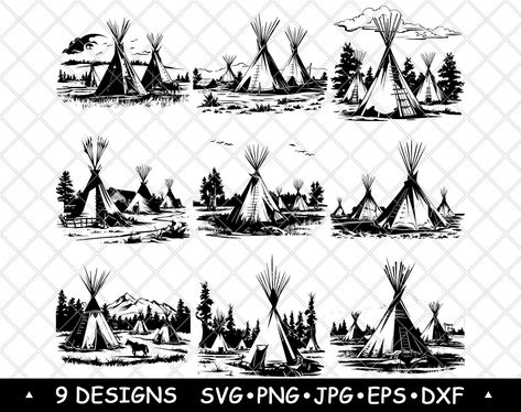 For commercial license, please refer to this link  https://www.etsy.com/listing/1485710568/commercial-license-for-one-bundle This illustration transports you to a Native American tipi settlement, offering a glimpse into traditional tribal life. The teepee encampment, nestled in a serene landscape, showcases the rich heritage of indigenous communities. Each tipi, with its distinctive structure, represents the essence of Native American dwelling. The scene captures the sense of community within the settlement, where families and tribes coexist in harmony. From the teepee campgrounds to the tribal tent village, this artwork conveys the historical significance and cultural depth of these indigenous habitats. Ideal for those interested in Native American heritage and history, this illustration Tent Drawing, Ink Reference, Open Landscape, Indian Teepee, Village Drawing, Native American Teepee, Distant Mountains, Indian Village, Cnc Wood