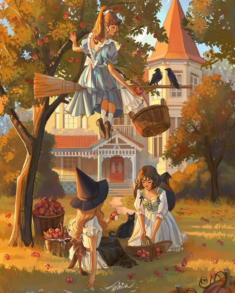 Three sisters on apple picking 🍎 Autumn is just around a corner and I’m excited for the cozy sweaters and warm tea 😌 What is your… | Instagram Herbst Bucket List, Sans Art, Arte Peculiar, Autumn Illustration, Modern Fantasy, Witch Art, Apple Picking, Arte Fantasy, Dreamy Art