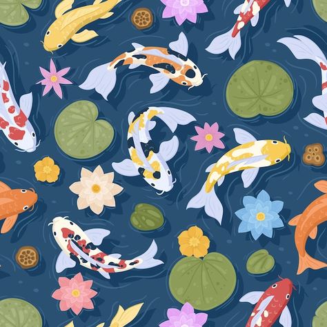 Koi Illustration Japanese, Fish Pond Illustration, Koi Fish Pattern Design, Koi Fish Ipad Wallpaper, Koi Carp Painting, Koi Fish Digital Art, Koi Pond Illustration, Fish Vector Illustration, Koi Fish Pond Drawing