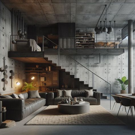 Brutalist Interior Design Industrial Aesthetics Brutalist House Interior Design, Brutalist Home Decor, Brutalist Home Interior, Industrial Home Design Exterior, Apocalyptic Core, Brutalist Architecture Interior, Brutalism Interior Design, Punk Interior Design, Industrial House Interior