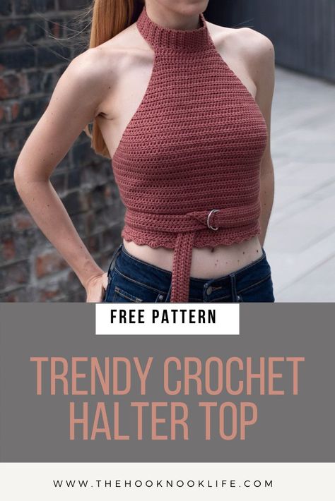 Make this trendy crochet halter top using this free crochet pattern on The Hook Nook Life Blog! This is a great layering piece for any season, even fall under a jean jacket or blazer! Save and Click to get started making yours today! #trendingfashion #freecrochetpattern #womenscrochettop #easypattern Top Pattern Free, Crochet Vest Pattern Free, Crochet Baby Poncho, Halter Top Pattern, Vest Pattern Free, Crochet Vest Pattern, Easy Crochet Baby, Crochet Summer Tops, Crochet Halter