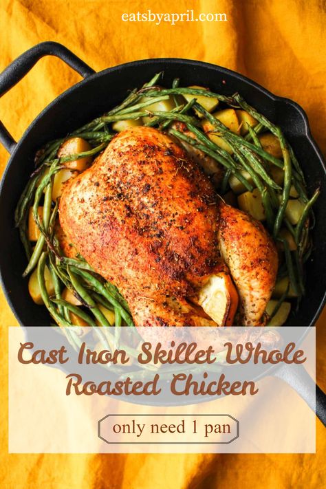 Young Chicken Recipe, Chicken Cast Iron Skillet, Cast Iron Roasted Chicken, Whole Chicken Recipes Oven, Oven Roasted Whole Chicken, Roasted Whole Chicken, Whole Baked Chicken, Whole Chicken Recipe, Roast Veggies