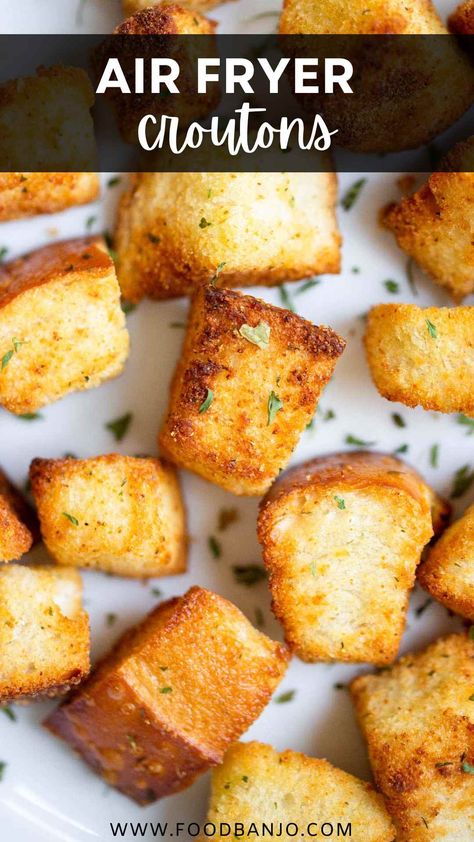 air fryer croutons Air Fried Croutons, Making Croutons From Stale Bread, Air Fryer Croutons Garlic, Air Fry Croutons, How To Make Croutons In Air Fryer, Homemade Croutons Easy Air Fryer, How To Make Homemade Croutons, Bread Croutons Homemade, How To Make Croutons From Old Bread