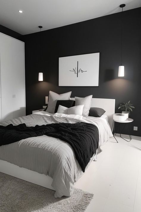 Bed Rooms Ideas Dark, One Wall Black Bedroom, Minimalist Black Aesthetic, Black Walled Bedroom, Dark Minimalist Room Aesthetic, Bedroom Black Aesthetic, Black White Room Aesthetic, Edgy Bedding, Minimalist Bedroom Black And White