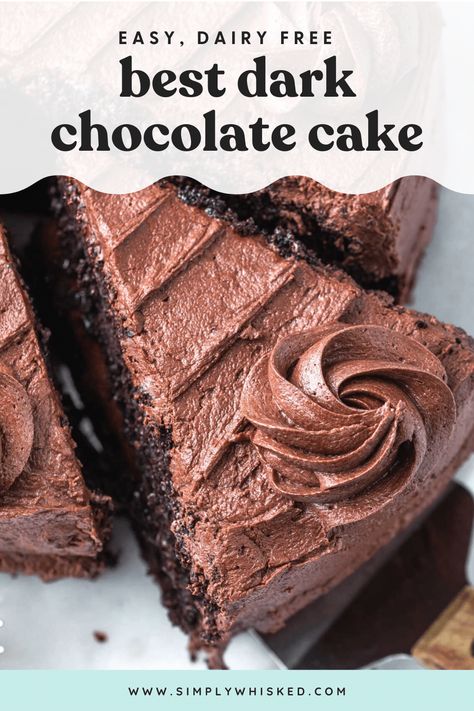 This dairy free chocolate cake is a chocolate lovers dream! Full of rich, dairy chocolate flavor with dense, moist cake layers and creamy, homemade frosting. This recipe is made from scratch and super easy! With one simple swap, it can also be made vegan. Simply Whisked, Dark Chocolate Cake Recipes, Dairy Free Cake Recipe, Hershey Chocolate Cakes, Vegan Chocolate Frosting, Dairy Free Chocolate Cake, Dairy Free Frosting, Dairy Free Recipes Dessert, Dairy Free Baking