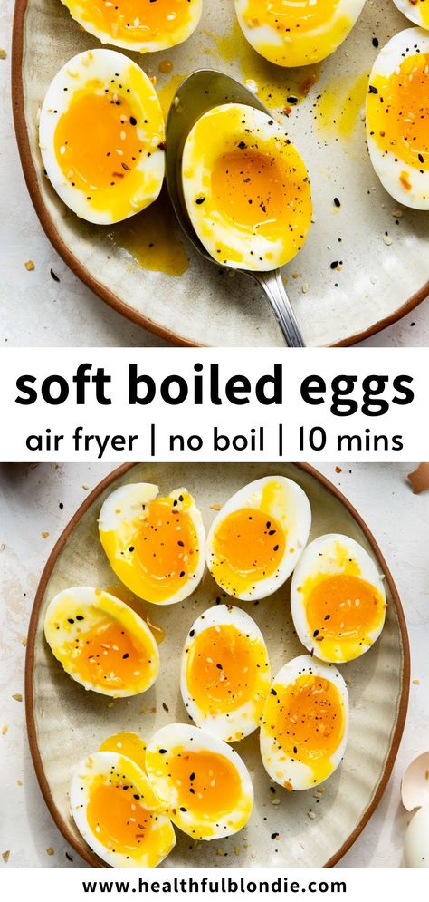 These "no boil" air fryer soft-boiled eggs have jammy middles and are the easiest, mess-free way to make eggs. They're perfect with toast or simply sprinkled with salt for a delicious snack, breakfast, or lunch addition. Eggs In Airfryer, Soft Boiled Eggs Recipe, Boiled Eggs Recipe, Egg Toast Breakfast, Blondie Recipes, Ways To Make Eggs, Hard Boiled Egg Recipes, Breakfast Recipies, Soft Boiled Eggs