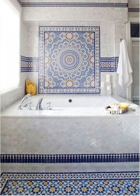 Blue Moroccan Mosaic Tile Bathroom Bathtub Bathroom Mosaic Tile Ideas, Moroccan Tile Bathroom, Moroccan Bathroom, Mosaic Bathroom Tile, Mosaic Bathroom, Moroccan Interiors, Mosaic House, Bathroom Tile Designs, Moroccan Tiles