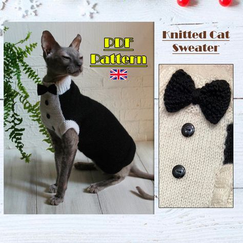 Pattern for knitting an Cat's Clothes.  The tutorial for Knitted sweater is presented in electronic form, pdf format on 13 pages with many visual photos and a detailed description of the process of knitting the sweater. It is presented in English.  Size M/L  PDF Pattern knitted clothing for cats and small dog clothes. Cat Sweater Knitting Pattern, Cat Sweater Pattern, Chat Sphynx, Sphinx Cat, Clothes Tutorial, Cat Sweater, Small Dog Clothes, Knitted Cat, Hairless Cat