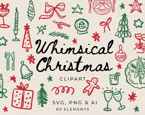 Fully Hand-drawn big bundle of Christmas Illustrations in Whimsical style. This set includes 60 hand-drawn elements such as a Christmas tree, cheers coupe, presents, Christmas evening, candles, ginfer bread, etc. If you are looking for a clipart to create an invitation for a Christmas party, rehearsal dinner, menus, etc. Easy editable in Canva. PERSONAL USE: It can be used for end products, not for sale. You may not forward, share, sell, or distribute this product. They are provided for non-commercial use only. You aren't allowed to resell my product as your own on Etsy and other selling platforms. COMMERCIAL USE If you want to use these illustrations for commercial purposes, you must buy a Commercial License listing. This type of license allows you to use illustrations for creating up to Holiday Illustration Design, Christmas Simple Illustration, Whimsical Christmas Illustration, Hand Drawn Holiday Cards, Vintage Christmas Design, Christmas Party Drawing, Christmas Cookie Illustration, Christmas Elements Illustration, Christmas Aesthetic Design