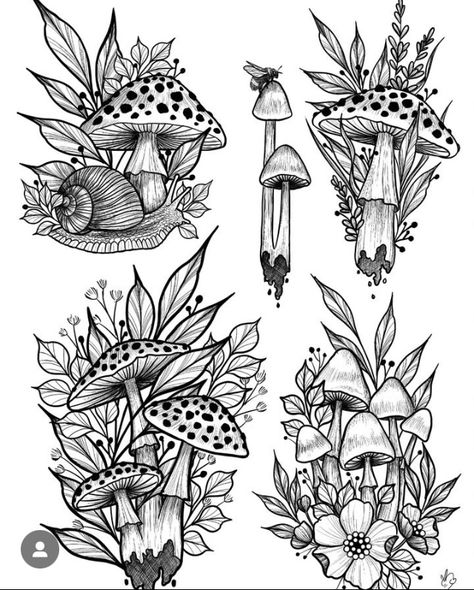 Mushroom And Flowers Tattoo Design, Mushroom Spider Web Tattoo, Mushroom And Wildflower Tattoo, Mushroom Tattoo Drawing, Woodland Creature Tattoo Ideas, Mandala Mushroom Tattoo, Flowers And Mushrooms Drawing, Mushroom Foliage Tattoo, Mushroom Lady Tattoo Design