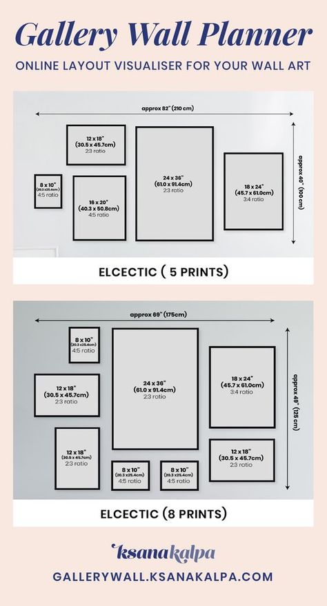 Wall Gallery Size Guide, How To Style Picture Frames On Wall, Large And Small Pictures On Wall, 24x36 Frame On Wall Gallery, Photo Wall Collage Frame Sizes, Cluster Frames On Wall, Gallery Wall Ideas Large Wall, Gallery Wall With 5 Pictures, Different Size Photos On Wall