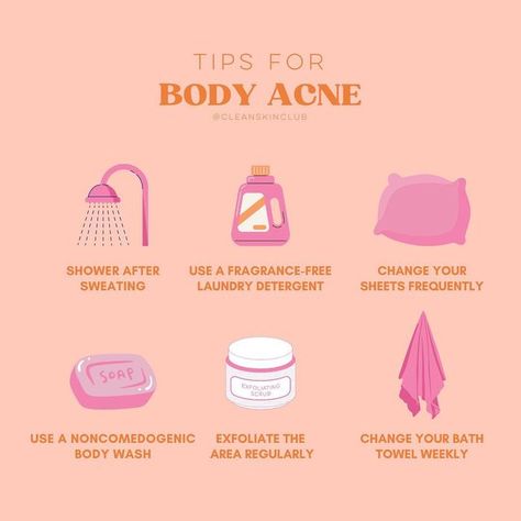 Clean Skin Club on Instagram: "Body acne can be such a pain 😫 here are some lifestyle changes you can make to help manage it 🤍 . . #cleanskinclub #cscexplains #skincarejunkie #skincarecommunity #skincareaddict #skincareobsessed #skintips #skincareeducation #skincare101 #cleanskinsquad #skincare #skincaretips #bodyacne #acne" Skincare For Body Acne, Soap For Body Acne, How To Be Clean Body Tips, Thigh Acne, Body Acne Products, Body Wash For Acne, Acne Body Wash, Acne Tips, Esthetician Marketing