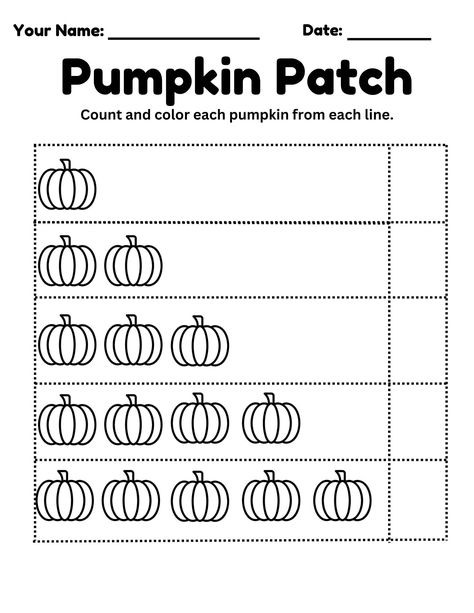 Pumpkin Patch counting and coloring sheet. Great for elementary school kids! Pumpkin Patch Coloring Page, Halloween Activity Sheets, Asl Lessons, Halloween Activities Preschool, Pumpkin Coloring, Classroom Halloween, Teaching Babies, Thanksgiving School, Pumpkin Template