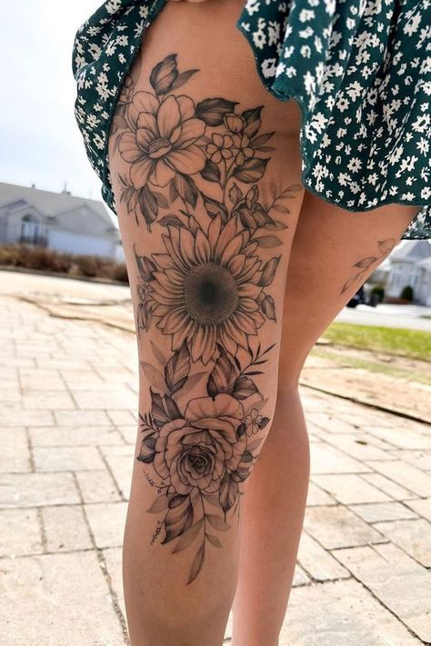 Sunflower Leg Sleeve, Stencil Tattoo Ideas For Women, Feminine Leg Sleeve Tattoo, Unique Leg Tattoos Women, Back Of Leg Tattoo Women, Flower Leg Sleeve Tattoo, Full Leg Tattoos Women Sleeve, Feminine Leg Tattoos, Floral Leg Sleeve Tattoo