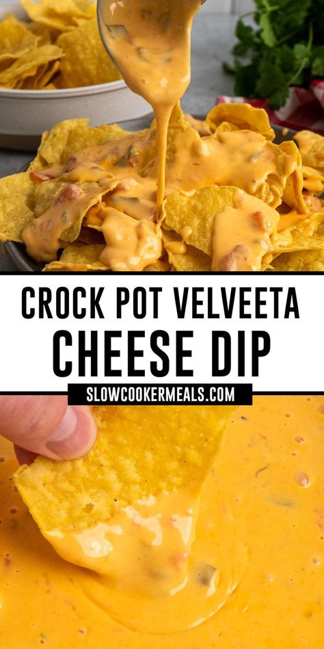 Velveeta cheese dip being poured over tortilla chips. Velveeta Queso Dip Crock Pot Cream Cheese, Slow Cooker Queso Dip Velveeta, Velvetta Crockpot Cheese Dip, Easy Crockpot Cheese Dip, Easy Crock Pot Queso, Nacho Cheese Dip Velveeta, Crock Pot Cheese Dip Velveeta, Velvets Nacho Cheese, Crockpot Nacho Cheese Dip Velveeta