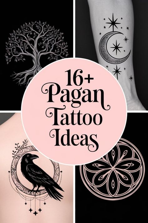 Pagan tattoo ideas including a tree, moon with stars, raven with symbols, and geometric designs. Thigh Witchy Tattoos Women, Simple Hecate Tattoo, The Best Tattoo For Women, Norse Symbol Tattoo, Which Broom Tattoo, Vintage Tattoo Art Black And White, Tattoo Extension Ideas, Witch Tattoo Ideas Goddesses, Witchy Tattoos Forearm