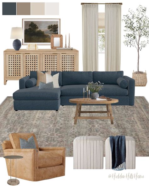 Lounge Family Room, White Living Room Blue Couch, Living Room Designs Blue Accents, Living Room Inspo Navy Couch, Family Room Navy Couch, Navy Grey Living Room Ideas, Airy Organic Modern Living Room, Living Room Designs Dark Blue Couch, Taupe Blue Living Room