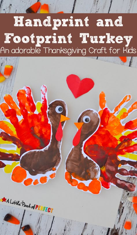 Adorable Handprint and Footprint Turkey Thanksgiving Kids: Easy to make for kids to decorate for Thanksgiving or give to people in their life they are thankful for (like mom and dad, grandma and grandpa). (November, kids craft, Preschool, Kindergarten, Thanksgiving Craft) Art Plastique Halloween, Footprint Turkey, Decorate For Thanksgiving, Thanksgiving Handprint, November Crafts, Footprint Crafts, Thanksgiving Craft, Thanksgiving Preschool, Crafts Preschool