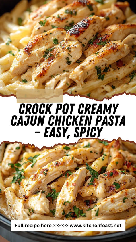 Learn how to make Crock Pot Creamy Cajun Chicken Pasta with this easy recipe! Perfectly creamy, spicy, and delicious for a family dinner or meal prep. Save it now! Crockpot Chicken Pasta Healthy, Good Easy Crockpot Meals, Cajun Alfredo Crockpot, Easy Dinners For Working Moms, Meals For Lunch At Home, Crockpot Cajun Chicken Recipes, Crock Pot Cajun Chicken Alfredo, Diced Chicken And Pasta Recipes, Easy College Crockpot Meals