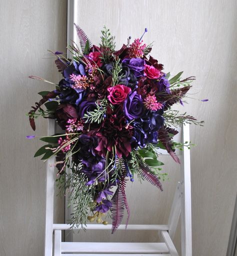 Purple Burgundy Wedding Bouquet Gothic Bouquet Cascading - Etsy Purple Burgundy Wedding, Winter Wedding Flowers Bouquets, Gothic Bouquet, Jewel Tone Wedding Colors, Burgundy Wedding Bouquet, Navy Wedding Bouquet, Deep Purple Wedding, Blue Purple Wedding, Magenta Wedding