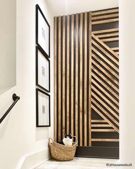 A House We Built on Instagram: “Our slat accent wall was a fun and easy project that totally transformed this stair landing! We also added a gallery wall of 3 large frames…” Landing Accent Wall, Stair Accent Wall, Stairway Accent Wall, Stairway Wall Decor, Staircase Accent Wall, Slat Accent Wall, A House We Built, Stair Landing Decor, Landing Decor