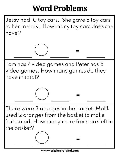 Word Problems Worksheet for 1st Grade, 2nd Grade, Math Worksheet, Solve Word Problems, Easy One-step Word Problems, Printable Easy one-step word problems for beginners involving addition, subtraction, multiplication and division. Download file US Letter size (8.5 x 11 in) - 5 pages For more worksheets, check out our store. https://www.etsy.com/shop/WorksheetDigital Thank you for visiting Worksheet Digital. www.worksheetdigital.com