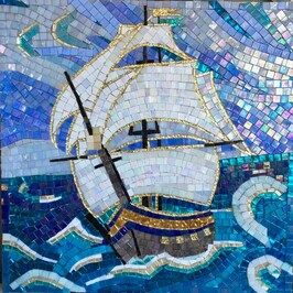 Mosaic Drawing, Gold Mosaic Tile, Mosaic Landscape, Mosaics Ideas, Mosaic Waves, Canva Idea, Mosaic Sea, Paper Mosaic, Mosaic Art Projects