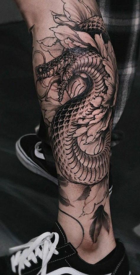 91 SHOCKING JORMUNGANDR TATTOOS: Meanings, Tattoo Ideas & Tattoo Designs - TATTOOGOTO Detailed Sleeve Tattoos, Dragon Tattoo Calf, Dragon Half Sleeve, Jormungandr Tattoo, Dragon Tattoo Leg, Calf Sleeve Tattoo, Fenrir Tattoo, Traditional Snake, Calf Tattoo Men