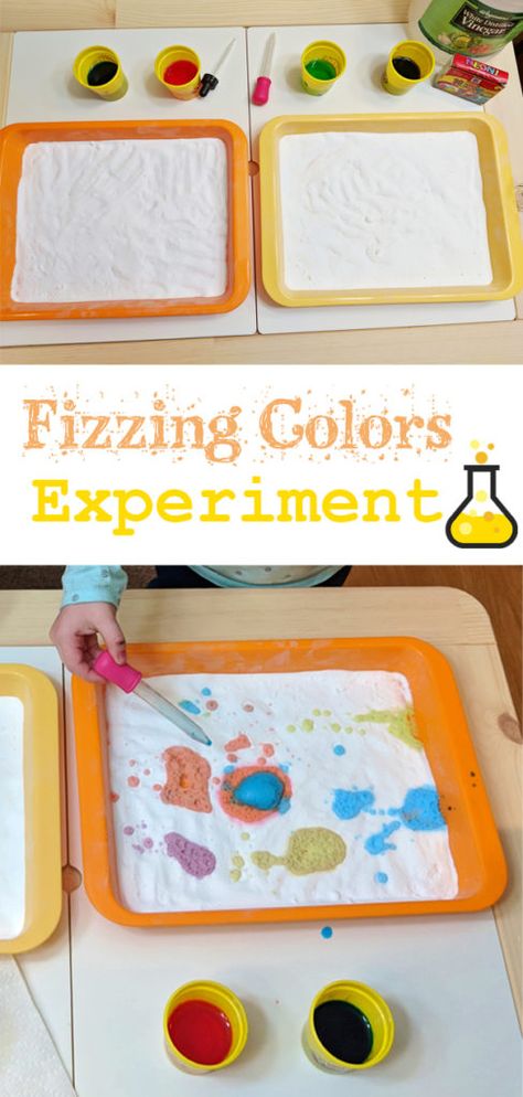 Fizzing Colors Experiment This was so much fun! The littles loved watching their trays bubble up with pretty colors.   #raisinghooks #activitiesforkids #activities #experiments #experimentsforkids #science #kids #fun #homeschool #homeschooling #learning #learningthroughplay Colour Mixing Activities Preschool Science Experiments, Color Mixing Experiments Preschool, Hidden Colors Science Experiment, Science Experiments For Two Year Olds, Color Blue Activities For Preschool Science Experiments, Color Mixing Experiments For Kids, Montessori Colours Activities, Preschool Color Recognition Activities, Color Circle Time Activities