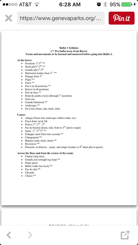 Ballet Syllabus Pre-Ballet/Level 1 https://www.genevaparks.org/_pdf/Sunset%20Dancers/2010%20dance%20syl%20quick%20print%20all.pdf Private Ballet Lesson, Ballet Across The Floor Combinations, Pre Ballet Class Ideas, Ballet Combinations, Ballet Curriculum, Ballet Terminology, Dance Teacher Tools, Ballet Terms, Ballet Basics