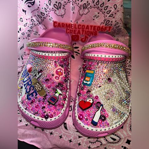 Blinged Out Register Nurse Croxs, Blinged Out To Perfection. Custom Orders Available Nurse Crocs, Register Nurse, Nursing Crocs, Bedazzled Stuff, Crocs With Charms, Bedazzled Shoes Diy, Bling Crocs, Black Lace Wedding Dress, Black Lace Wedding