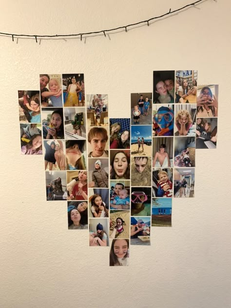 Hart Photo Wall, Heart Out Of Pictures On Wall, 4x6 Wall Collage, Heart Foto Collage, 4x6 Picture Wall Ideas, How To Make A Heart With Pictures, Love Heart Picture Wall, Heart Wall Pictures, Picture Heart Wall Layout