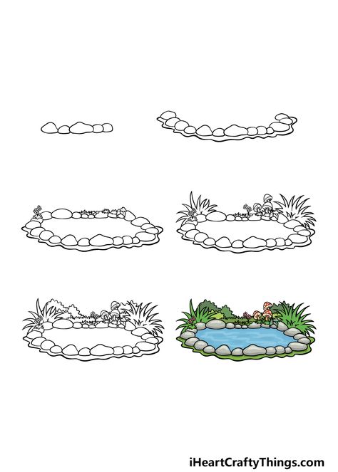 Pond Drawing - How To Draw A Pond Step By Step Cartoon Nature Drawing, Drawing A Garden, Water Pond Drawing, Pond Sketch Pencil Drawings, How To Draw A Pond Step By Step, Drawing Garden Easy, How To Draw Garden, How To Draw A Garden Step By Step, Pond Landscaping Drawing