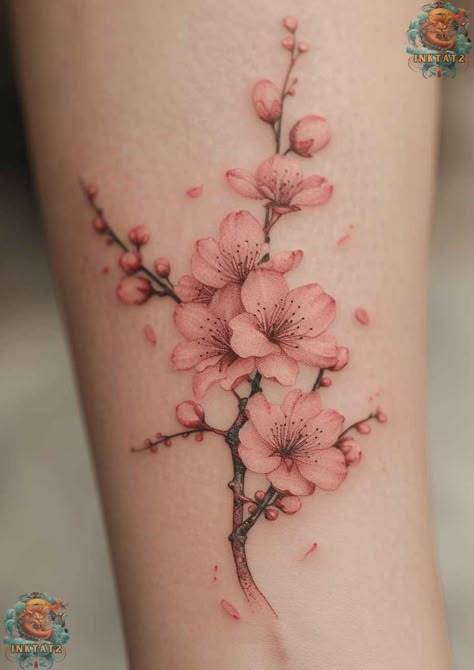 The Art and Symbolism of Cherry Blossom Tree Tattoo Designs: A Comprehensive Exploration - inktat2.com Flower Tatoos Woman Arm, Cherry Blossom Drawing Tattoo, Cherry Blossom Tattoo Sleeve Woman, Japanese Cherry Blossom Tattoos, Japanese Sakura Tattoo, Cherry Blooms Tattoo, Japanese Tattoo Flower, Tattoo Collage, Bloom Tattoo