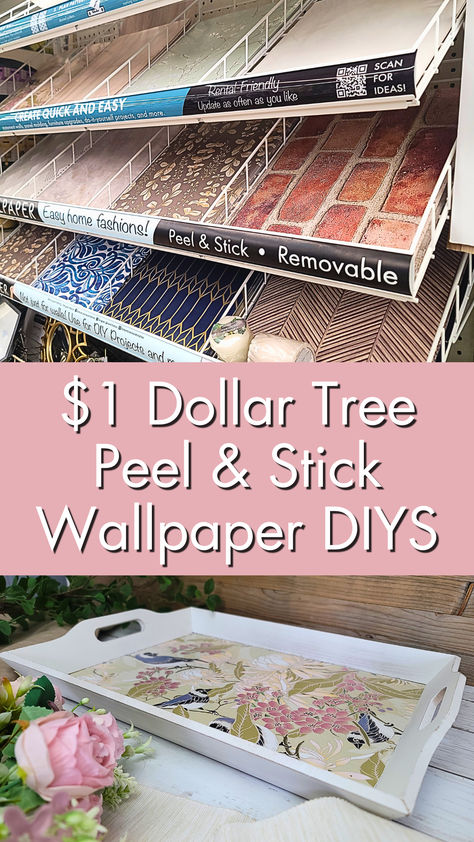 Get ready for some fun DIY projects using Dollar Tree's peel and stick wallpapers! I'll share my favorite tips and hacks for making beautiful home decor using these wallpapers. #dollartree #dollartreediy #diyhomedecor #crafts Dollar Tree Flooring Diy, Dollar Tree Wallpaper Crafts, Dollar Tree Peel And Stick Wallpaper Ideas, Dollar Tree Makeover, Dollar Tree Diy Crafts To Sell, Wallpaper Crafts Ideas Projects, Dollar Tree Peel And Stick Wallpaper, Dollar Tree Peel And Stick Tiles Crafts, Dollar Tree Wallpaper Ideas