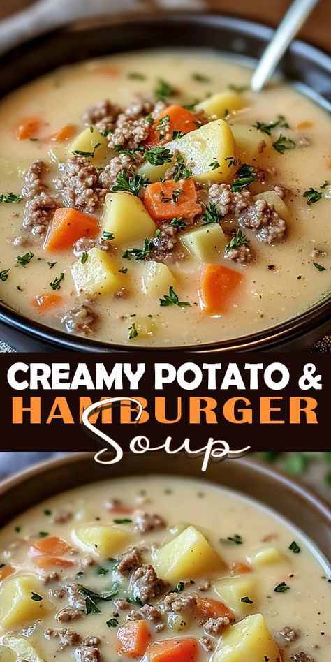 This Creamy Potato & Hamburger Soup is the ultimate comfort food, perfect for chilly nights or cozy weekends! 🥔🍖 Packed with rich flavors, tender potatoes, and juicy hamburger, it's easy to make and loved by the whole family. ❤️ 👉 Pin now to save this delicious recipe for later! 🔥 #comfortfood #souprecipe #hamburgersoup #potatorecipe #easyrecipes #mealprep #weeknightdinner #homemade #heartymeals #fallrecipes Potato And Hamburger Soup, Potato And Hamburger, Hamburger Soup Crockpot, Classic Potato Soup Recipe, Potato Hamburger Soup, Hamburger Potato Soup, Hamburger Soup Recipe, Hamburger And Potatoes, Homemade Potato Soup