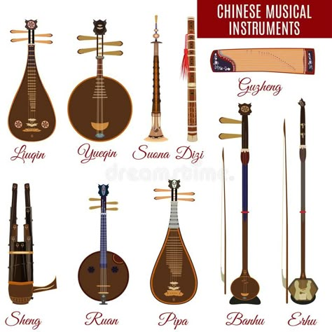 Vector set of chinese musical instruments, flat style. Chinese Instruments Art, Erhu Chinese Instrument, Lute Design, Erhu Instrument, Guzheng Instrument, Chinese Culture Traditional, Asian Instruments, Lute Instrument, Musical Instruments Art