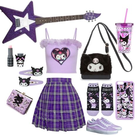 Hello Kity Outfits, Kuromi Skirt, Kuromi Outfit Ideas, Kuromi Ropa, Kuromi Outfit Aesthetic, Kuromi Crop Top, Hello Kitty Inspired Outfits, Kuromi Aesthetic Outfit, Kuromi Inspired Outfit