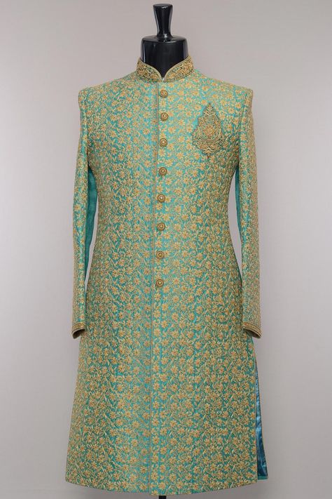 Marine Green Silk Dori Embroidered Wedding Sherwani-SH450 Gents Clothes, Millennial Wedding, Indian Groom Dress, Blue Sherwani, Indian Sherwani, Bride Reception Dresses, Wedding Dress Preservation, Wedding Dresses Men, Groom Dress Men