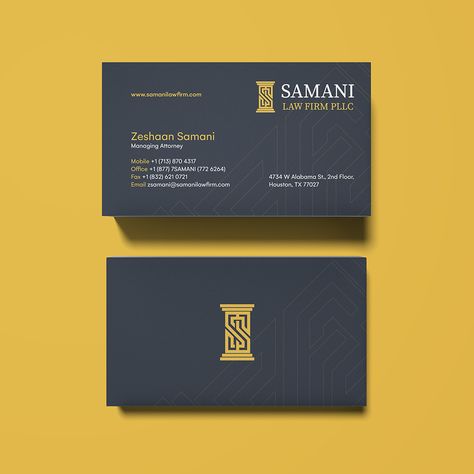 A business card designed by LeadOrigin for Samani Law Firm that features the company's logo and contact details, exemplifying the team's skill in producing professional and sophisticated corporate materials. Law Design, Consultant Business Card, Legal Services, Services Business, Logo Ideas, Law Firm, Business Card Design, Design Features, Business Card