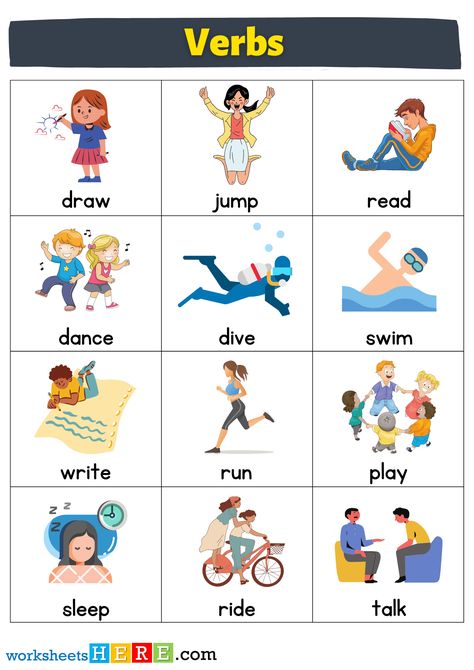 +45 Verbs Flashcards List, Verbs with Pictures Worksheets For Kids - WorksheetsHere.com Hindi Verb Worksheets, Verb Sentences, Action Verbs Flashcards, Action Verbs Worksheet, Insects Kindergarten, Verbs For Kids, Types Of Verbs, Transitive Verb, Verbs Worksheet