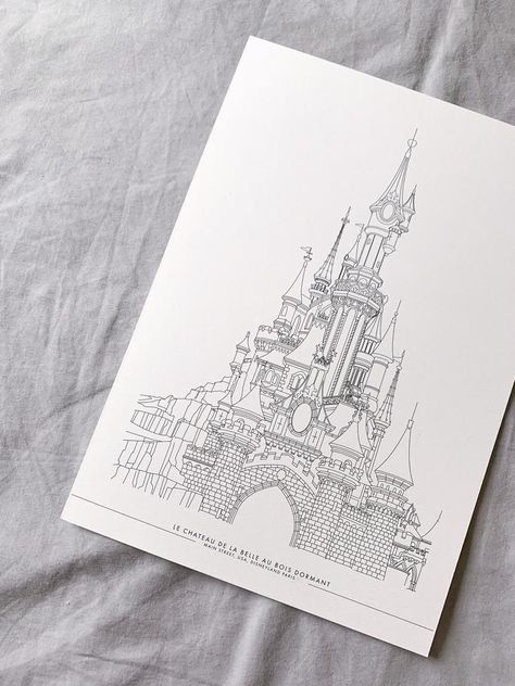 Castle Line Art, Original Sleeping Beauty, Disneyland Paris Castle, Line Art Prints, Disney Print, Sleeping Beauty Castle, Beautiful Castles, Line Illustration, Art Drawings For Kids