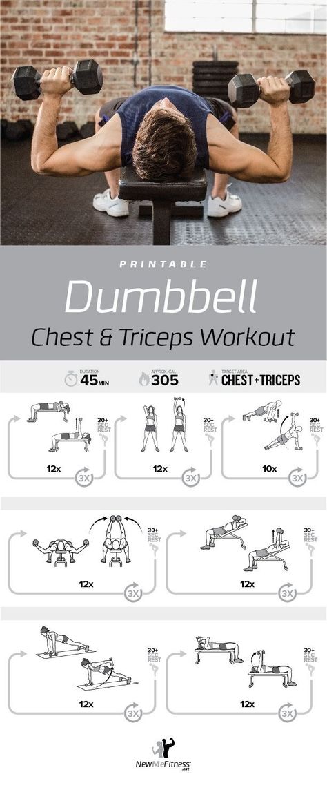 Chest Exercises With Dumbbells, Tris Workout, Tricep Workout With Dumbbells, Chest And Triceps Workout, Weekly Gym Workouts, Dumbbell Chest Workout, Chest And Tricep Workout, Dumbbell Workout At Home, Card Workout