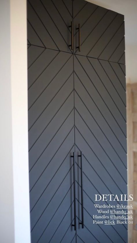 Revamp Wardrobe Doors, Panelled Wardrobe Doors Diy, Chevron Closet Doors, Ikea Billy Wardrobe Hack, Modern Closet Door Ideas, Herringbone Closet Doors, Ikea Wardrobe Doors Makeover, Update Wardrobe Doors, Wardrobe Door Diy