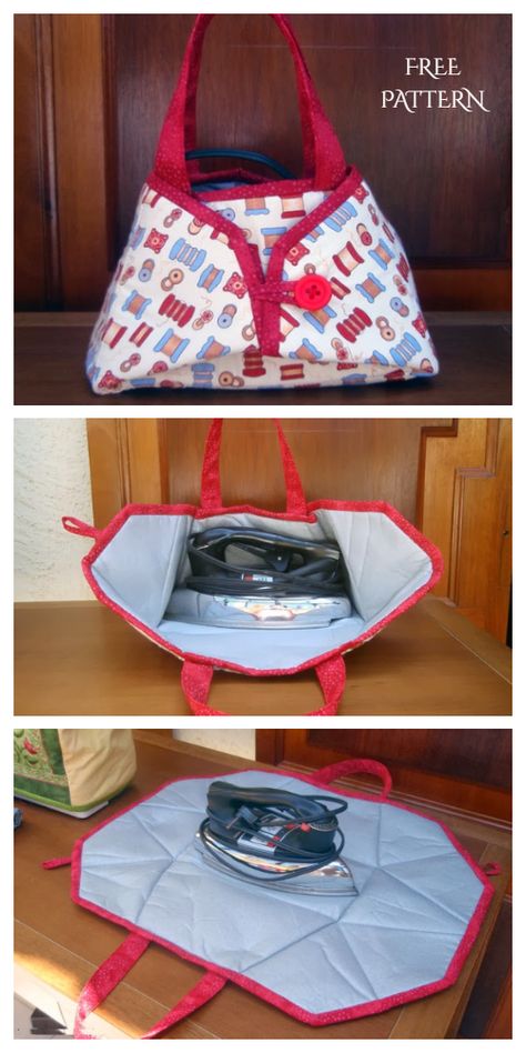 DIY Fabric Iron Caddy Tote Free Sewing Pattern + Video | Fabric Art DIY Travel Iron Caddy Pattern Free, Iron Mat Diy, Iron Caddy Pattern Free, Fabric Baskets Diy Free Pattern, Tote Patterns Free, Free Crochet Bag Patterns, Fabric Art Diy, Bag Holder Pattern, Sewing Tutorials Bags