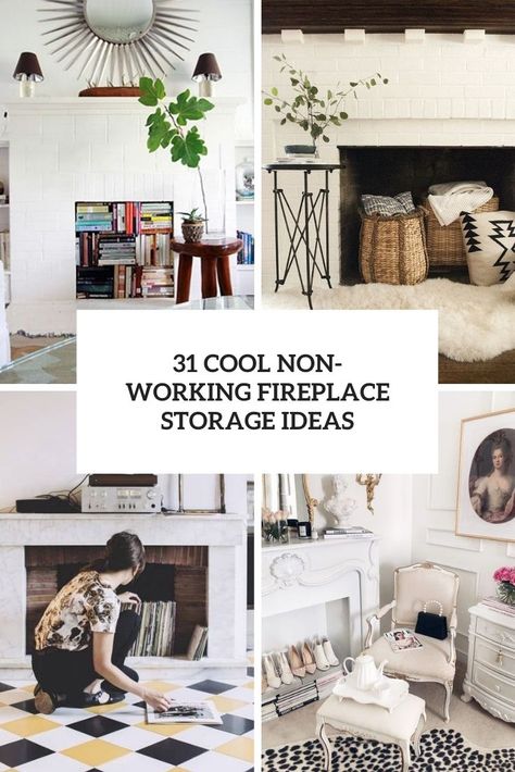 165 The Coolest Storage And Organizing Ideas of 2021 - Shelterness Decorate Non Functioning Fireplace, Fireplace As Storage, Fill Fireplace Ideas, Decor Inside Fireplace Ideas, Style Non Working Fireplace, Fireplace Book Storage, Fireplace Decor Non Working, Styling A Non Working Fireplace, Decorating Unused Fireplace Ideas